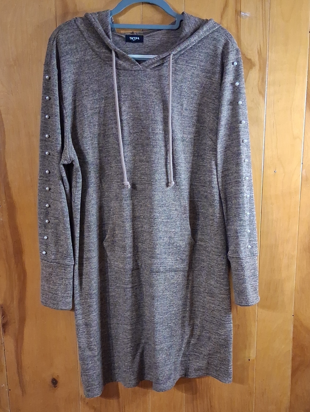 TACERA Heathered Gray Hooded Sweater Dress Tunic with Pearl Sleeves - Size XL